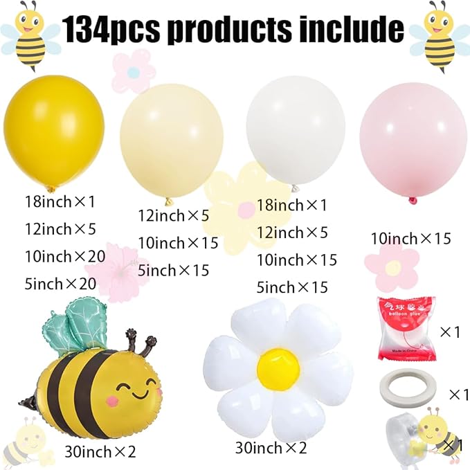 Bee Balloons Garland Arch Kit 134 pcs yellow pestal pink balloon Arch with bee daisy balloons for Baby Shower Lemonade Birthday Honeybee Party Decor