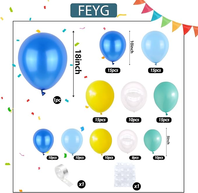 Blue Yellow Balloons Arch Kit, Blue Yellow Teal Balloons Party Decorations, Clear Balloon Arch Kit for Boys Girls Theme Birthday Party Decoration Baby Shower Party Supplies