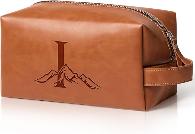Personalized Gifts Travel Toiletry Bag for Men Engraved Initial PU Leather Waterproof Shaving Bag for Toiletries Accessories Fathers Day Birthday Gift for Men Dad Husband Son, Light Brown I