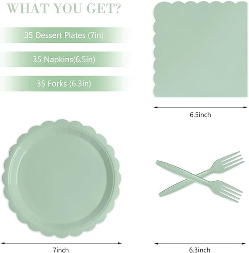 105PCS Paper Plates and Napkins Set,7 Inch Scalloped Disposable Tableware with Forks for Birthdays, Garden Parties & Outdoor Events,Serves 35 (Sage Green)