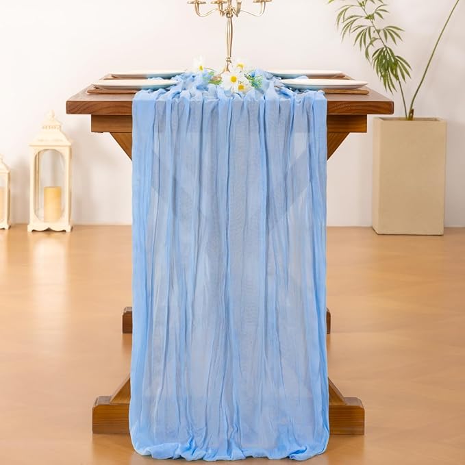 Socomi Blue Cheesecloth Table Runner Easter Spring Light Blue Boho Rustic Gauze 120 inch 10FT Cheese Cloth Runner for Wedding Party Baby Shower Birthday Home Decor Holiday Decorations