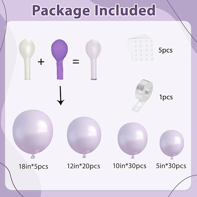 Pearl Purple Balloons Arch Kit, Double Stuffed Matte Pastel Light Purple Balloons Lilac Lavender Balloons Garland Kit Different Sizes 18/12/10/5inch for Wedding Birthday Party Decorations
