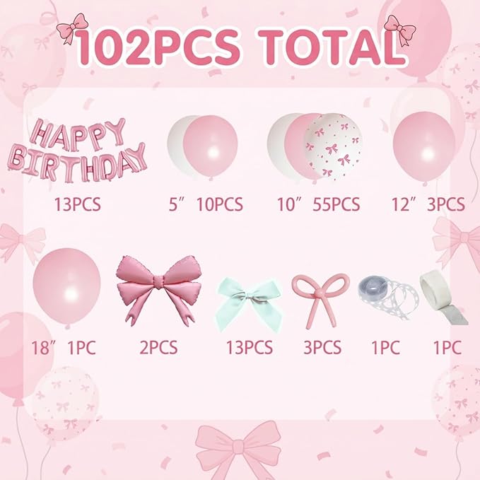 102 PCS Pink Birthday Balloon Decorations Kit, Happy Birthday Banner with Foil Letters, Bow Balloons, Latex Balloons, Ribbon & Glue Dots for Girls Birthday Party Decorations, Baby Shower, Anniversary