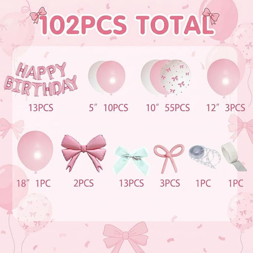 102 PCS Pink Birthday Balloon Decorations Kit, Happy Birthday Banner with Foil Letters, Bow Balloons, Latex Balloons, Ribbon & Glue Dots for Girls Birthday Party Decorations, Baby Shower, Anniversary