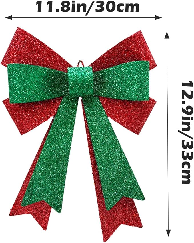 Metal Sparkly Christmas Red Bow Wall Decoration Hanging Xmas Red Bow for Wreath Christmas Tree Topper Ornaments Outdoor Indoor Christmas Decorations for Party Front Door Porch Home
