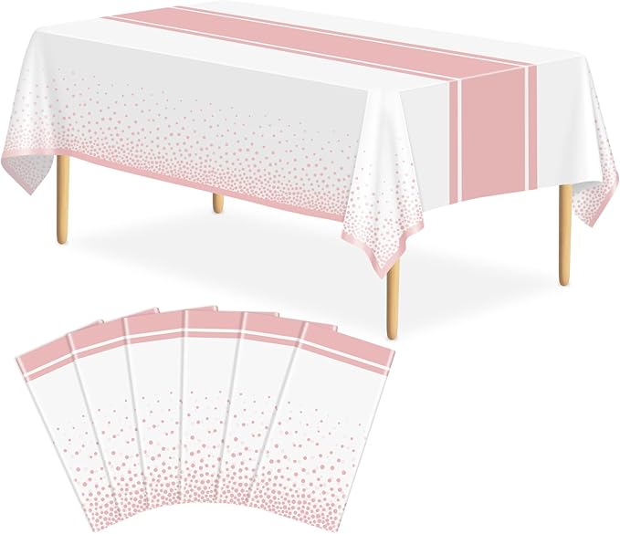 6 Pack White and Rose Gold Tablecloth Party Decorations Plastic White Tablecloth Printed Rose Gold Table Runner 54 x108 Inch Disposable Rectangle Table Cover for Birthday Wedding Graduation