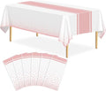 6 Pack White and Rose Gold Tablecloth Party Decorations Plastic White Tablecloth Printed Rose Gold Table Runner 54 x108 Inch Disposable Rectangle Table Cover for Birthday Wedding Graduation