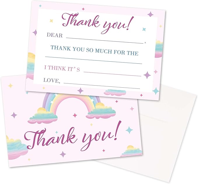 Kids Thank You Cards Fill in the Blank, Boho Rainbow Thank You Notes For Boys Girls, Pink Rainbow Greeting Card, Birthday Party Decorations Favors (20 Cards With 20 Envelopes) -27