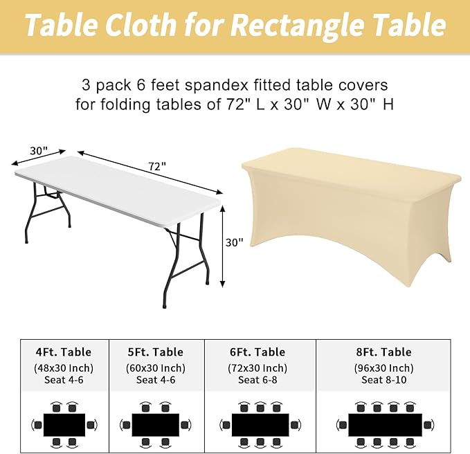 Fixwal 3 Pack Champagne Beige Cream Stretch Spandex Tablecloth 6FT - Fitted Washable Wrinkle Resistant Rectangular Table Cover for Wedding Trade Show Party Event [72Lx30Wx30H Inch]
