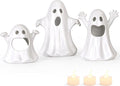 Sunlit Ceramic Ghost with 3 Tea Lights, Spooky Candle Holder Set of 3, Tabletop Indoor Halloween Decorations for Holiday Party Home, Spooky Sculptures Ghost Figurines, White