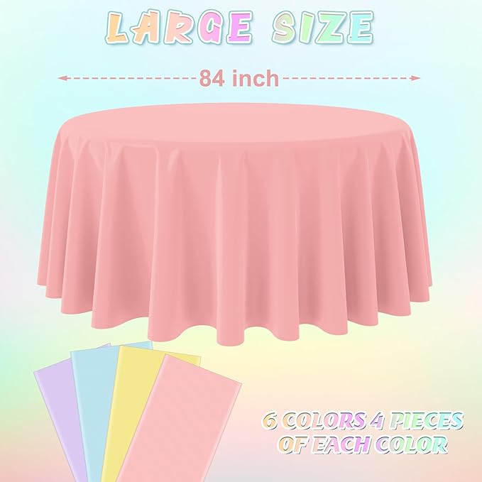 4Pcs 84 Inch Round Pastel Tablecloths, Mix Color Plastic Tablecloth Disposable Round Table Covers for Baby Shower,Bridal,Wedding,Easter,Birthday and Ice Cream Party Decorations