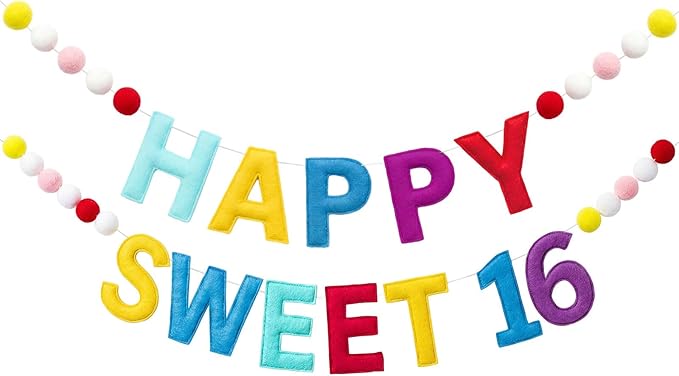 Fulmoon Pre Strung Happy Sweet 16 Banner Sixteenth Birthday for Girls Decorations Sweet 16th Party Sign for Birthday Bachelorette (Vibrant,Felt,Macaron Color)