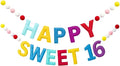 Fulmoon Pre Strung Happy Sweet 16 Banner Sixteenth Birthday for Girls Decorations Sweet 16th Party Sign for Birthday Bachelorette (Vibrant,Felt,Macaron Color)