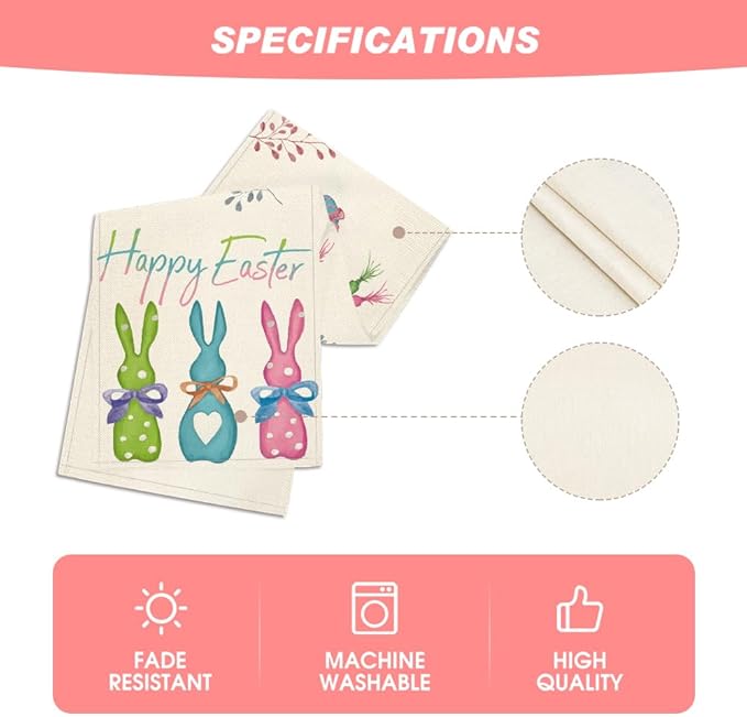 Artoid Mode Green Blue Pink Rabbit Bunny Happy Easter Table Runner, Spring Seasonal Holiday Kitchen Dining Table Decoration for Home Party Decor 13 x 72 Inch