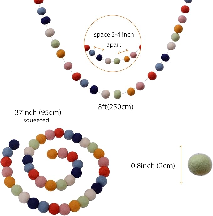 Glaciart One Felt Ball Garland (2-Pack) Pom Pom Garland - 8 Feet, 40 Balls, 7 Gender Neutral Colors, Nursery Decor, Bunting, Birthday Party Decorations, Easter, Photo Prop
