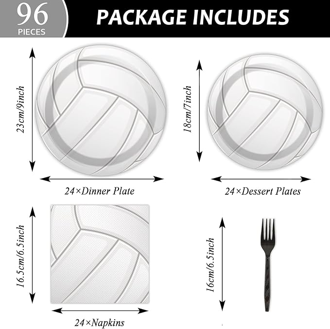 96pcs Volleyball Birthday Party Supplies Sports Paper Plates Napkins Set Disposable Tableware Kit Sports Theme Party Baby Shower Decorations Favors for Boy, Serve 24