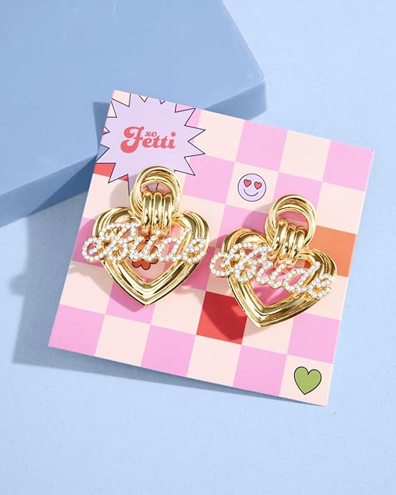 xo, Fetti Gold + Rhinestone Bride Heart Earrings | Bachelorette Party Jewelry, Bridal Accessory, Rehearsal Dinner Outfit, Bridesmaid Gift, Oversized Look