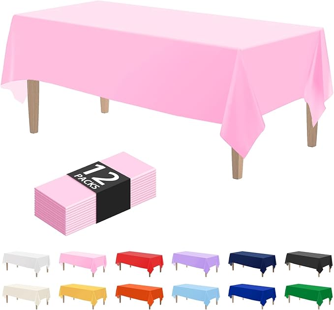 Kopokita 12PCS Pink Plastic Tablecloths 54 x 108 Inch, Disposable Table Cloths Rectangle Party Table Covers