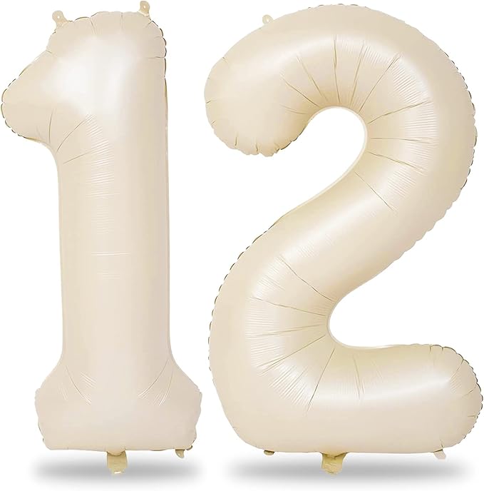 Beige 12th Birthday Balloons for Boys Girls, 40 Inch Big Cream Foil 1 and 2 Balloon Numbers Self Inflating Ivory White 12 Balloons Number for Men Women 12th 21st Anniversary Party Decorations Supplies