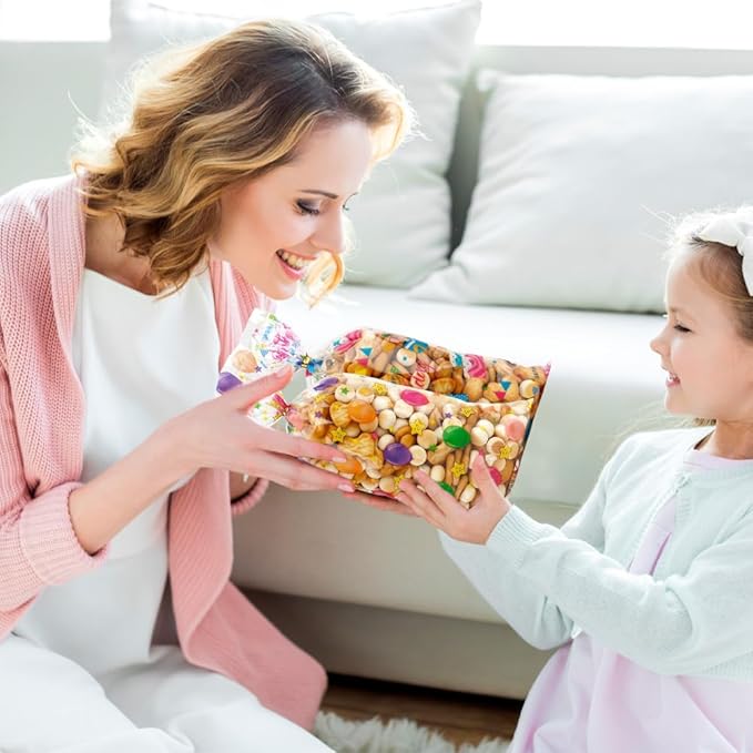 100 PCS Happy Birthday Cellophane Treat Bags(5x11 Inch) with Ties Colorful Plastic Goodie Candy Cookie Goody Loot Gifts Bags Bulk Pouches for Birthday Party Favors Supplies Decorations for Kids