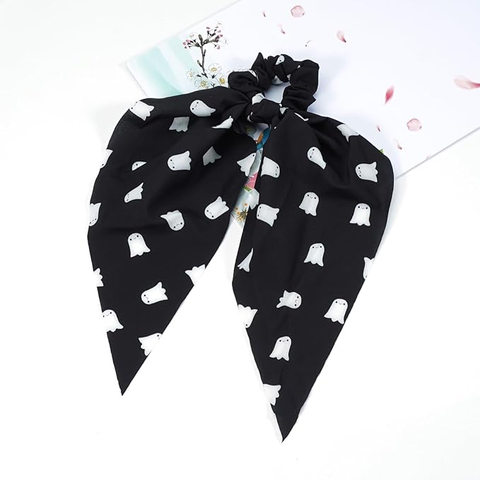 Halloween Hair Ties for Woman Girls Ghost Pumpkin Bat Hair Scrunchies Spooky Spider Web Elastic Ribbon Bow Hair Tie Halloween Party Supplies Hair Accessories 2PCS
