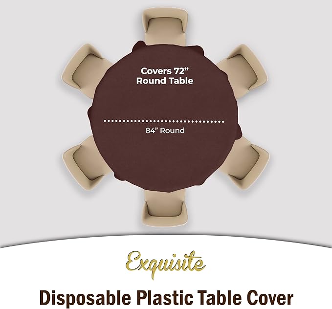 Exquisite Party Solids 6-Pack Premium Plastic Tablecloth 84in. Round Plastic Table Cover - Brown