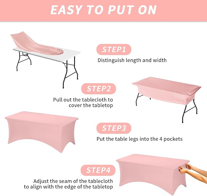 Fixwal 3 Pack Pink Table Cloths Rectangle 6FT, Tablecloths Rectangular Stretch Spandex Fitted Table Covers 6 FT for Valentine's Day, Parties, Banquet, Weddings, Buffet, Graduation Decorations