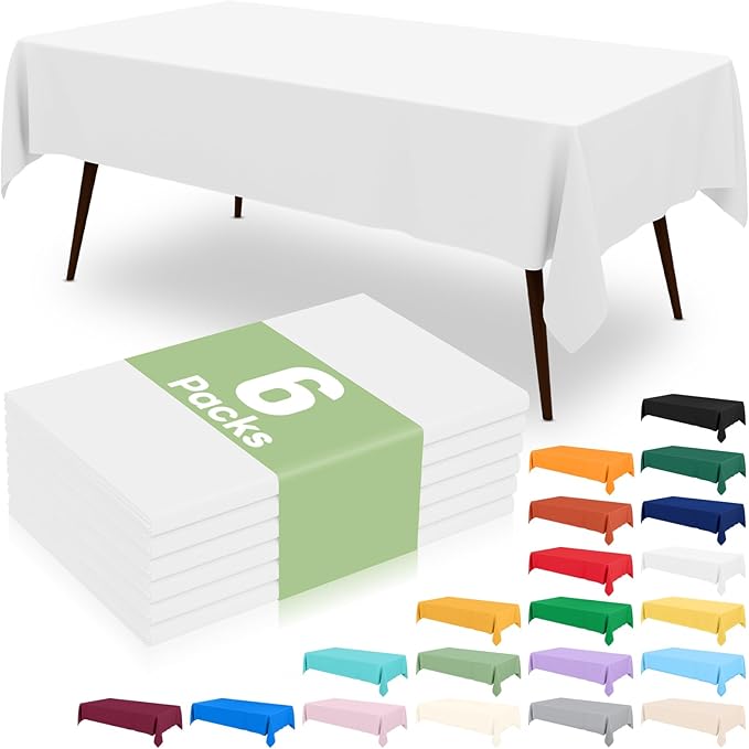 misaya 6 Packs Disposable Plastic Table Cloth, 54 x 108 Inch Waterproof Rectangle Tablecloth, Leakproof & Sturdy Decorative Table Covers for Easter, Picnic, Party and Outdoor, White
