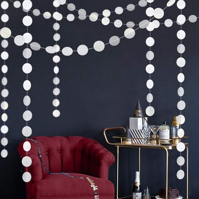 Shining White Circle Dots Hanging Garland Sparkling White Circle Dots Hanging Streamer Glitter Bunting Banner Backdrop for Wedding Baby Shower Birthday Xmas Decor 40 Feet