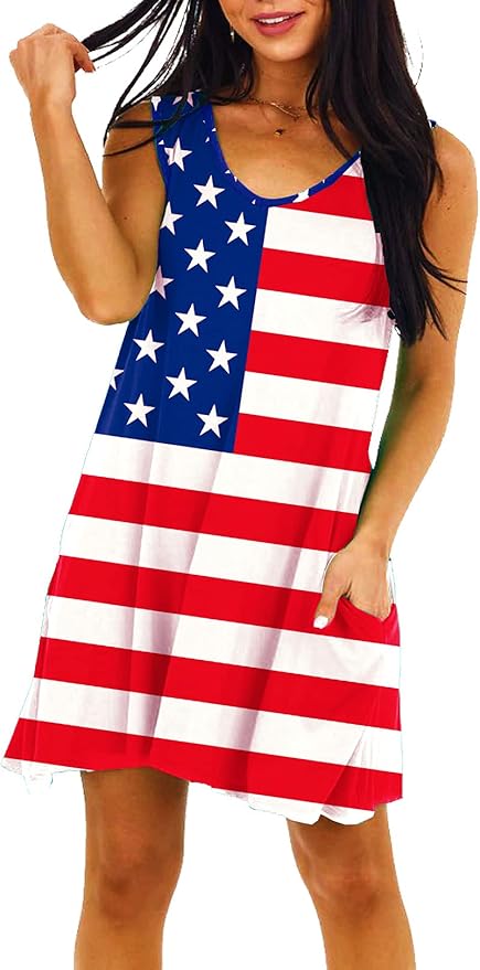 Deerose Women 4th of July Sleeeveless Dress Patriotic V Neck Tank Dresses with Pockets