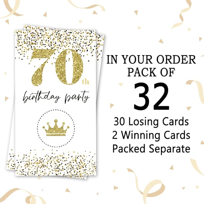 REWIDPARTY White Gold 70th Birthday Party Scratch Off Game Cards（32 PCS）Happy 70th Birthday Party Scratch Cards Cheers to 70 Years Party Supplies Activity for Birthday Raffle Tickets Kids Adults