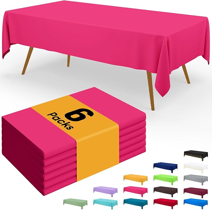 Smiry Disposable Table Cloth - 6 Pack, 54 x 108 Inch Waterproof Rectangle Tablecloths for Parties, Decorative Plastic Table Cover, Leakproof & Sturdy, Hot Pink