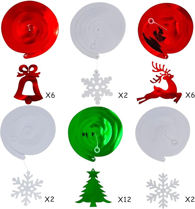 Christmas Party Decorations Foil Hanging Ceiling Swirls (30Pcs Fully-Assembled) Reindeer Bell Christmas Tree Snowflake Swirls for Porch Home House Bar, Christmas Holiday Supplies Decorations