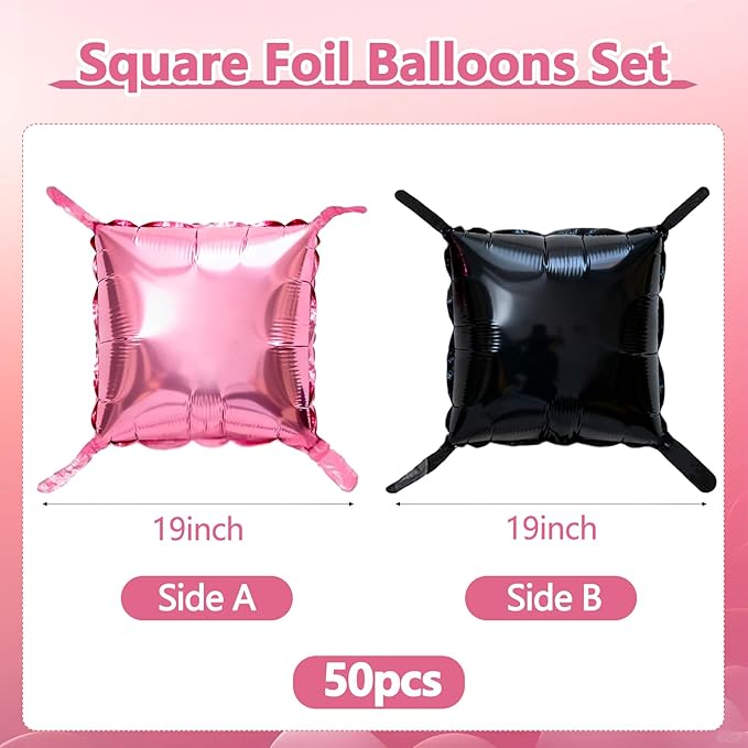 50PCS Pink Black Square Foil Balloon Wall, 19'' Double Sided Foil Balloons Backdrop Tunnel Arch Kit for Anniversary Bachelorette Bridal Baby Shower Birthday Party Decorations