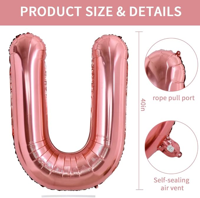 TONIFUL 40 Inch Large Rose Gold Letter U Balloons Giant Alphabet Letter Balloons,Foil Mylar Big Balloons for Birthday Party Anniversary Supplies Decorations