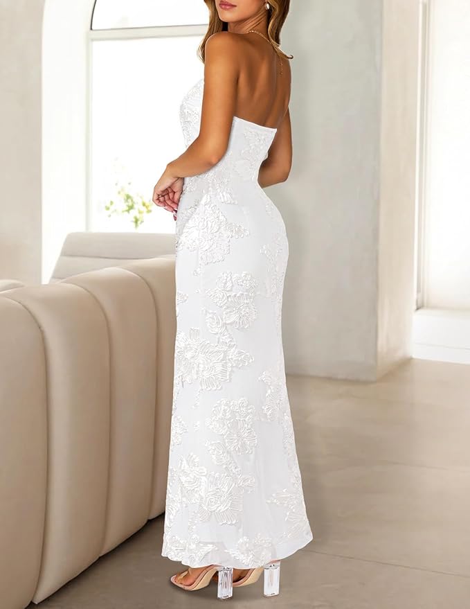 MEROKEETY Women's Floral Strapless Maxi Dress 2026 Summer Mesh Tube Bodycon Formal Wedding Guest Cocktail Party Long Dresses