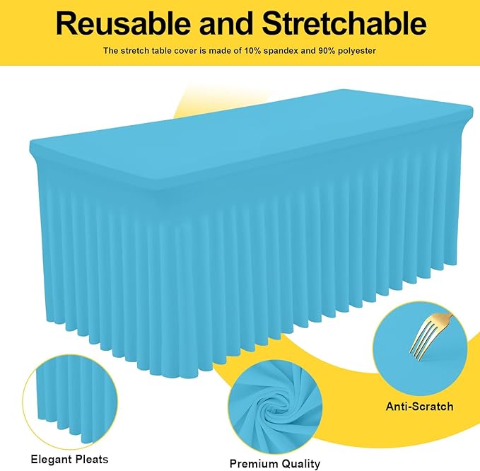 Smiry Spandex Tablecloth 2 Pack, Elastic Fitted Stretch Tablecloth for 8FT Rectangle Tables, Waterproof Washable Table Cover Skirt for Wedding, Banquet & Parties (Blue Mist, 96Lx30Wx30H Inch)