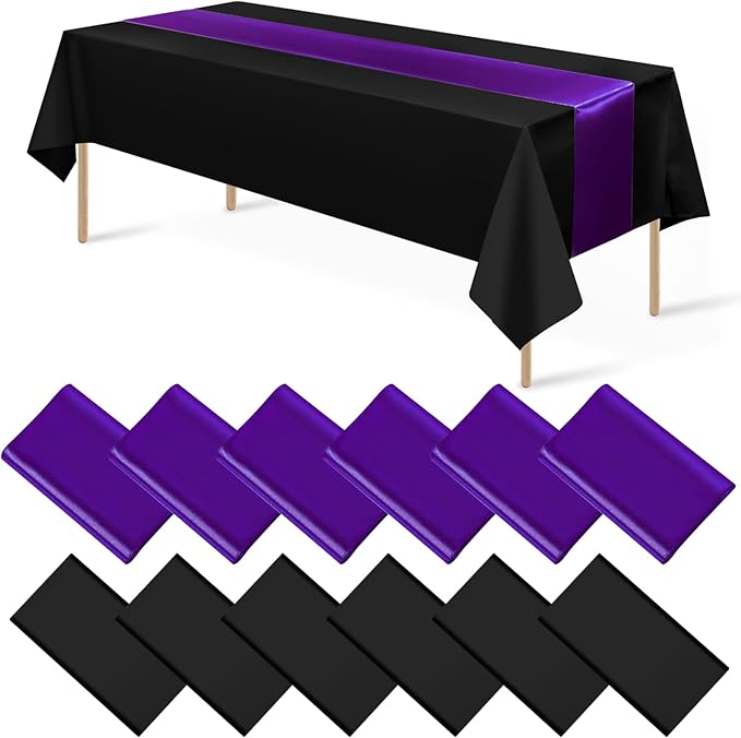12Pack 12x108 Inch Satin Table Runner and 54x108Inch Plastic Tablecloths Set Black Purple Disposable Rectangle Table Cover for Graduation Wedding Bridal Shower Anniversary Birthday Party Decorations