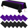 12Pack 12x108 Inch Satin Table Runner and 54x108Inch Plastic Tablecloths Set Black Purple Disposable Rectangle Table Cover for Graduation Wedding Bridal Shower Anniversary Birthday Party Decorations
