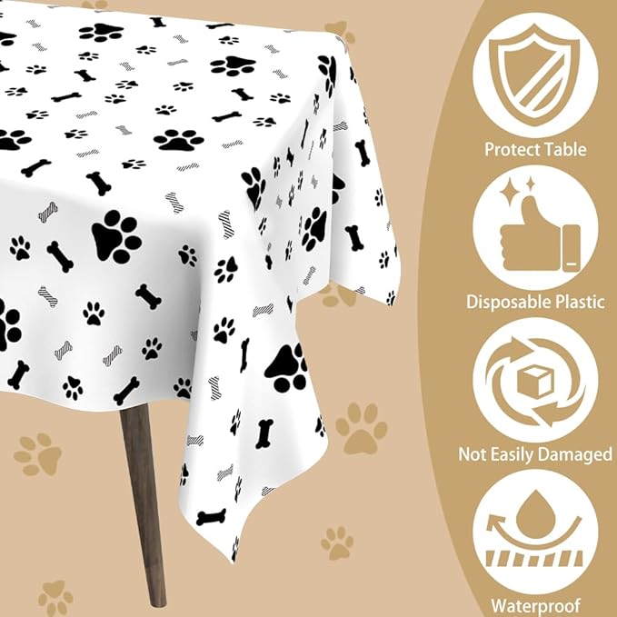 Paw Print Tablecloth, 2 Pack 54 x 108 Inches, Disposable Plastic Rectangle Table Cloth Cover, Puppy Dog Themed Birthday Party Favors Supplies, Pawty Table Decor