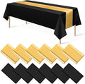 12Pack 12x108 Inch Satin Table Runner and 54x108Inch Plastic Tablecloths Set Black and Gold Disposable Rectangle Table Cover for Graduation Wedding Bridal Shower Anniversary Birthday Party Decorations