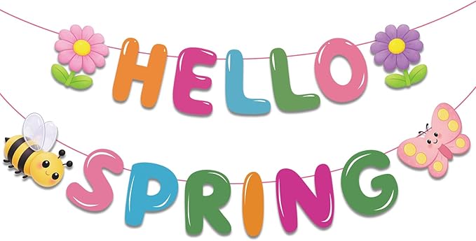 Hello Spring Banner,Colorful Spring Party Decorations with Bee, Butterfly & Flower for Spring Theme Party, Classroom,Office,Home Decor (No DIY Needed)