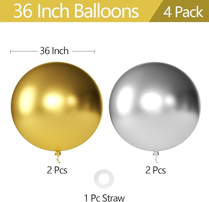 KALOR Metallic Gold and Metallic Silver Giant Balloons 36 Inch Large Latex Balloons, 4 Pack Jumbo Round Helium Balloon for Birthday Bridal Shower Wedding Baby Shower Party Decorations