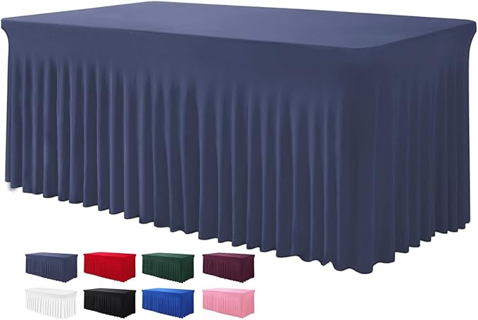 Table Skirts for Rectangle Tables 6ft - One-Piece Navy Blue Tablecloths and Skirt, Wrinkle Resistant Ruffles Elastic Cover for Banquets, Weddings, Events, Parties