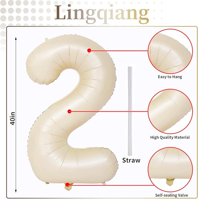 Beige 12th Birthday Balloons for Boys Girls, 40 Inch Big Cream Foil 1 and 2 Balloon Numbers Self Inflating Ivory White 12 Balloons Number for Men Women 12th 21st Anniversary Party Decorations Supplies