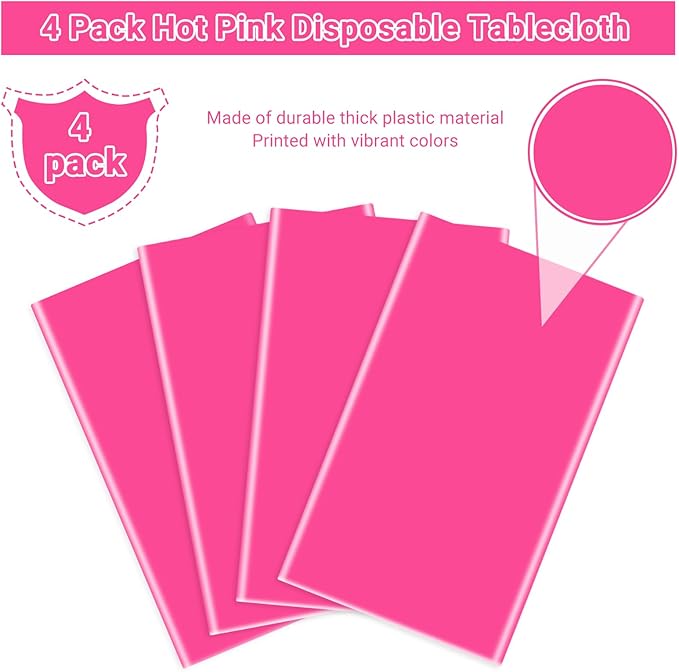 MRJ 4 Pack Hot Pink Disposable Table Cloth 54 x 108 Inch Rectangle Tablecloths for Birthday Party Decorations Plastic Table Cover