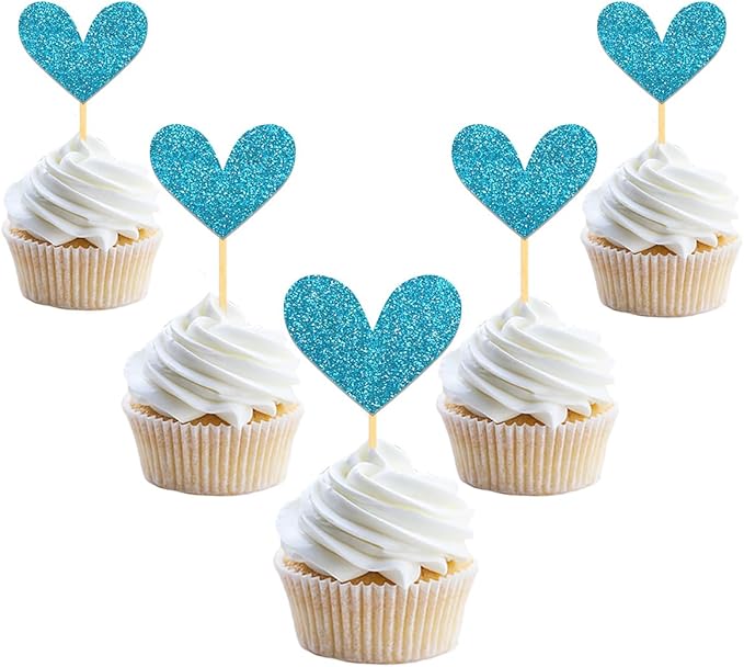 24Pcs Glitter Heart Cupcake Toppers for Valentine's Day Decorations, Mixed Size Double-Sided Heart Valentine's Day Cupcake Toppers for Wedding Bridal Shower Party Decorations (Blue)
