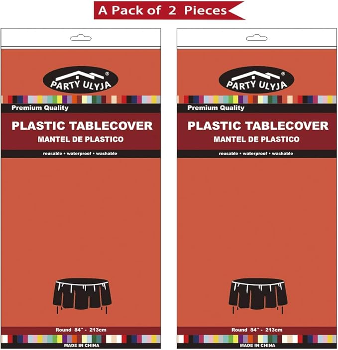 Orange Plastic Tablecloths 2 Pack Disposable Table Covers 84 Inch Circle Bridal Shower Party Tablecovers PEVA Fall Colors Table Cloths for BBQ Picnic Birthday Wedding Parties 6 ft Round Table Use