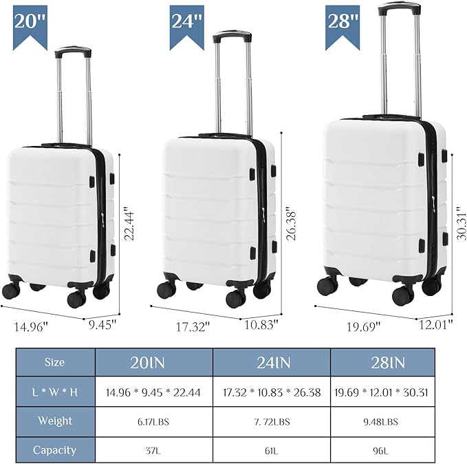 OLIXIS 3-Piece Luggage Set, Carry On Suitcases with Spinner Wheels, Expandable Travel Luggage with TSA Approved Lock & ABS Hard Shell, White(20/24/28 Inch)