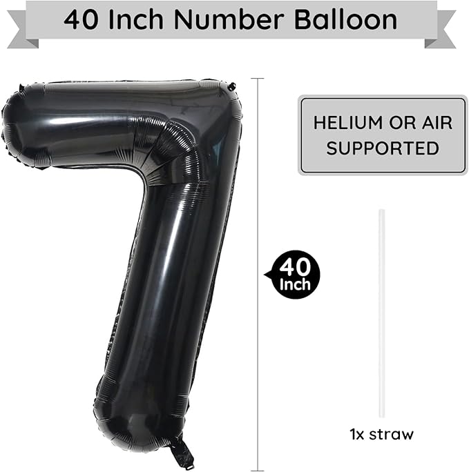 40 Inch Black Number Balloon 7, Large Number Foil Balloons Mylar for Girl Boy Birthday Party Celebration Decorations Supplies, Digital Balloons for Wedding Anniversary Events Decorations